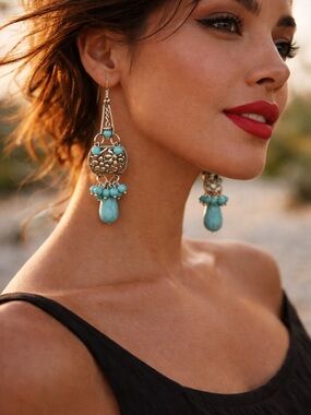 Boho Turquoise Drop Earrings Silver Tone Chandelier Southwest Statement
